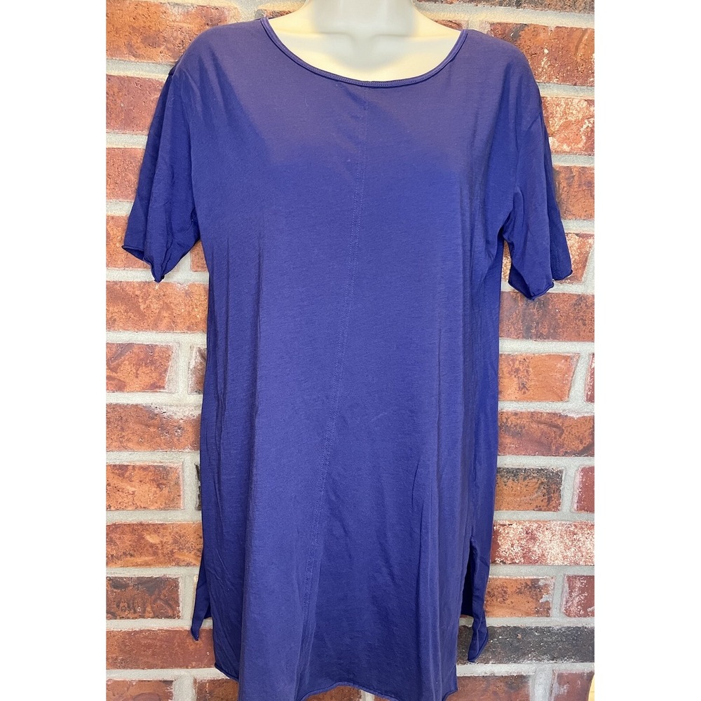 Eileen Fisher Organic Cotton Royal Blue Round Neck T Shirt Side Slit Long S/P
